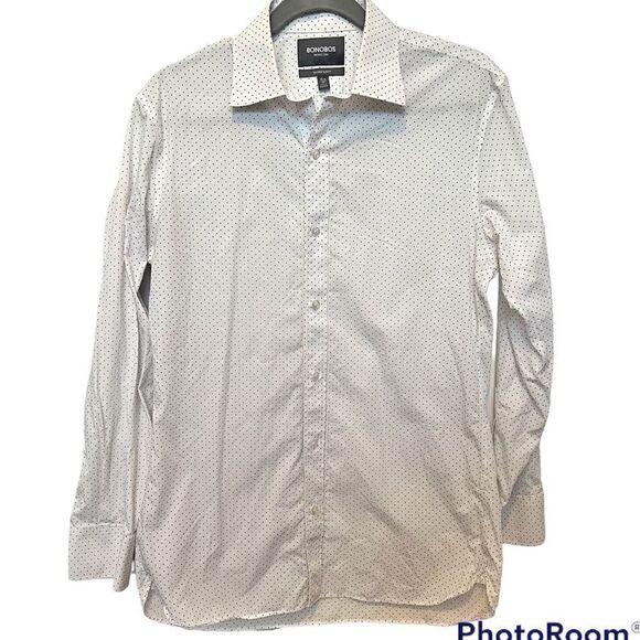 Bonobos Men’s White & Navy Polka Dot Long Sleeve Button Down Shirt size 15 1/2 - Picture 1 of 4